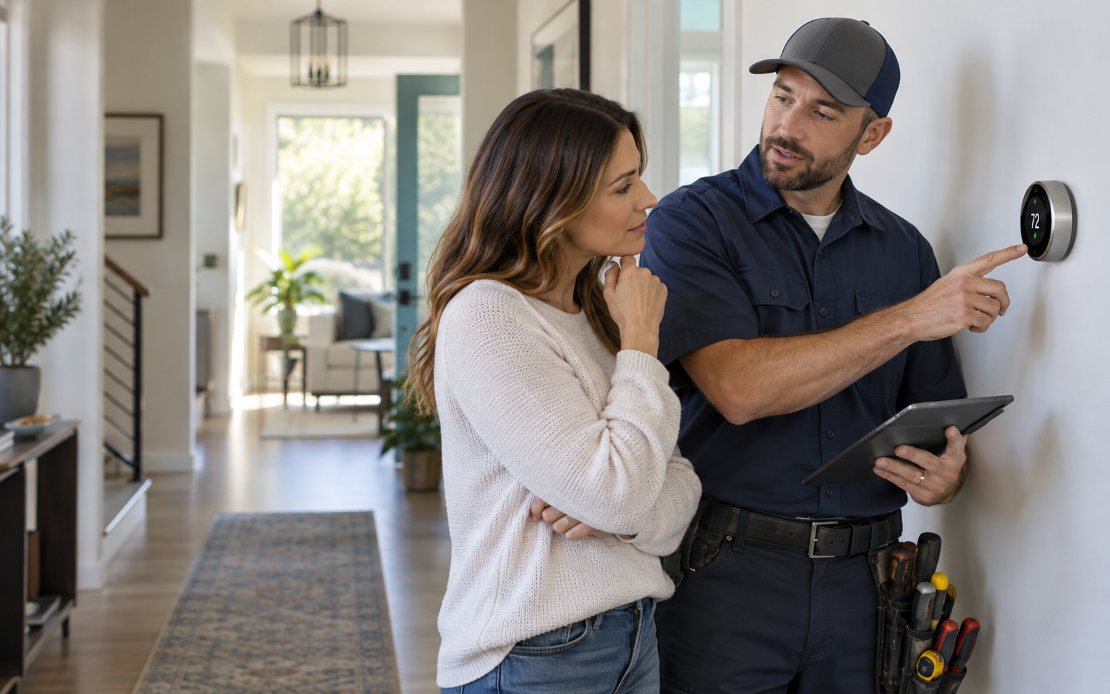 A homeowner receiving HVAC guidance from a home service professional